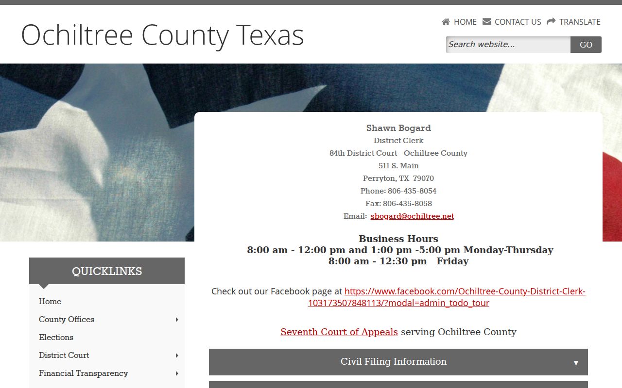 Ochiltree County active warrant records, District Clerk contact page