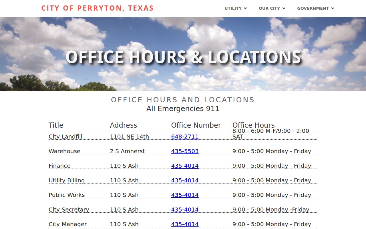 Ochiltree County Perryton warrant records, Perryton Police location and hours listing