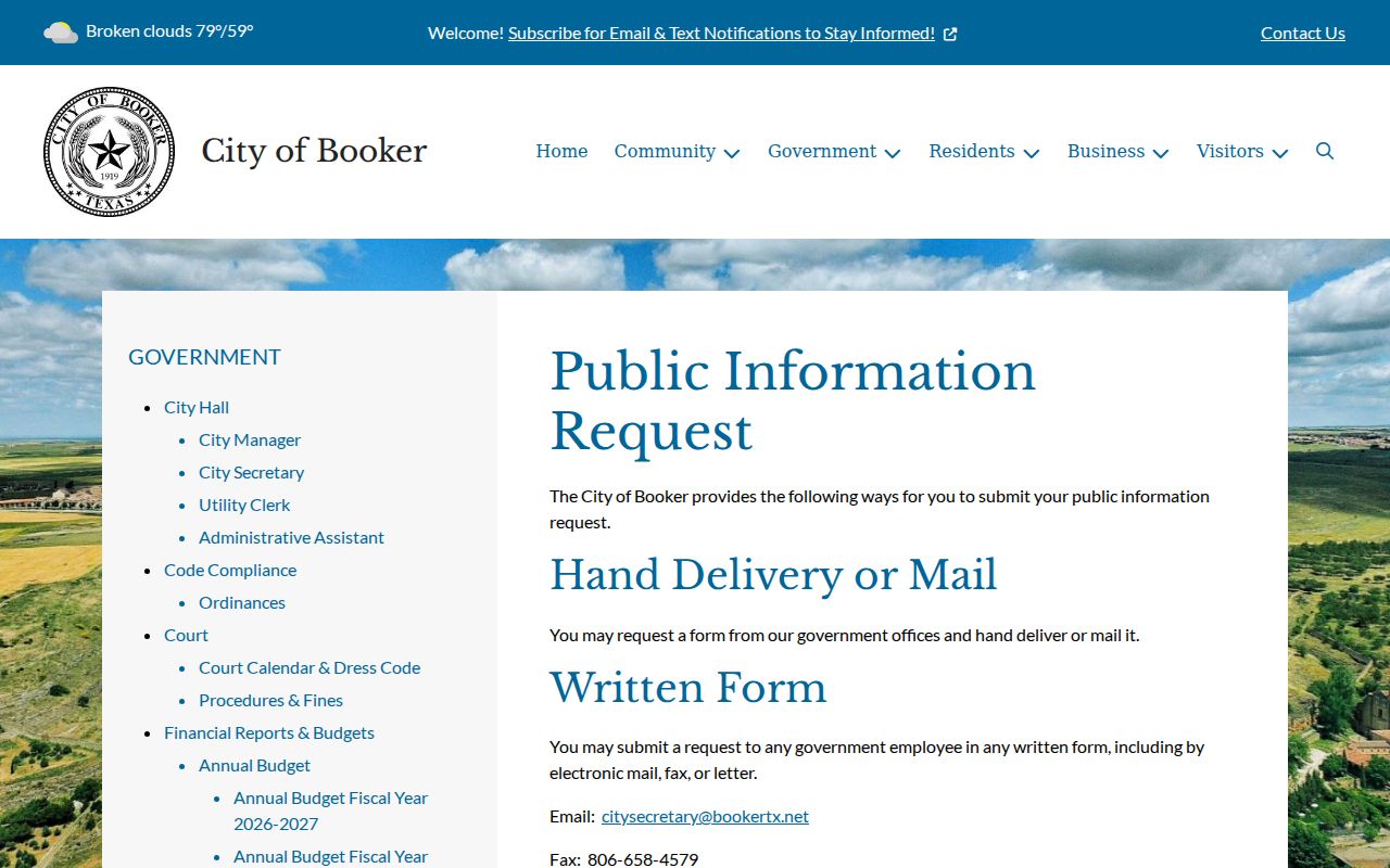 Ochiltree County Booker warrant records, city public-information request methods