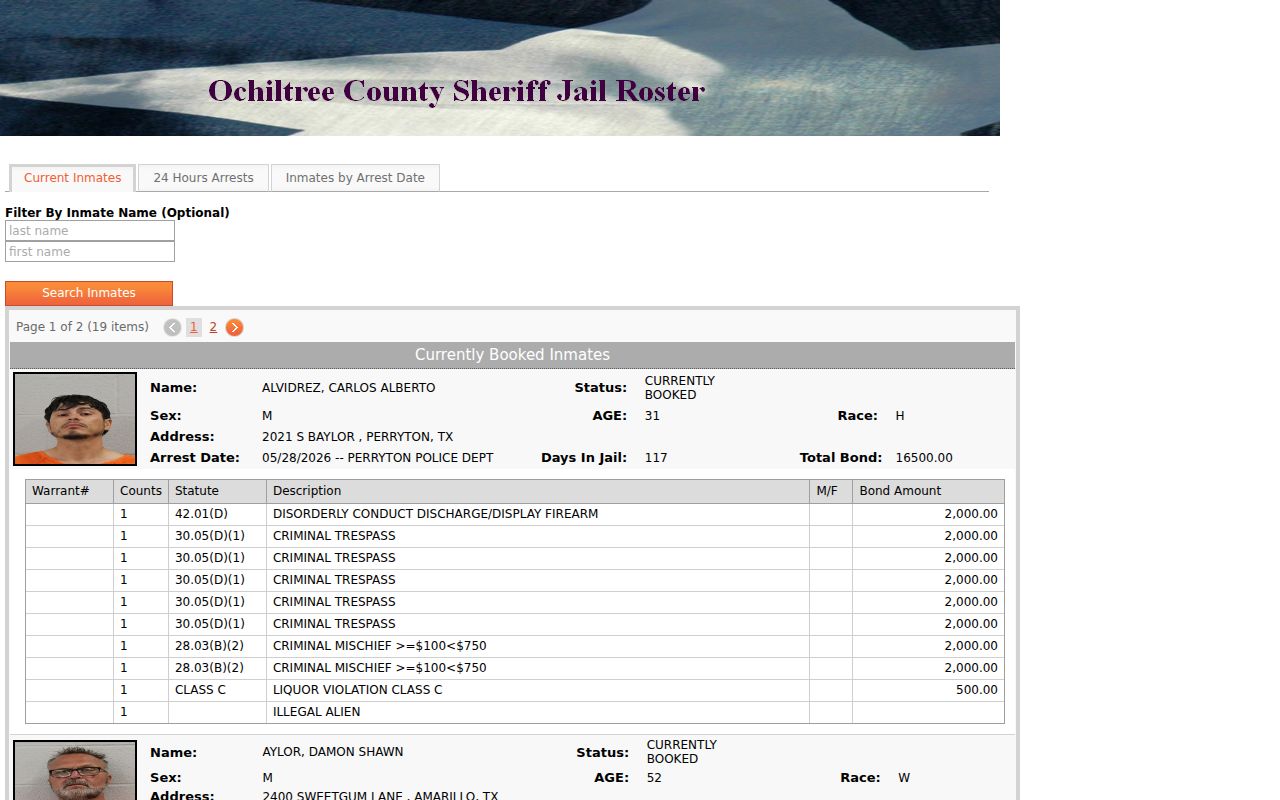 Ochiltree County warrant records, jail roster search controls and fields