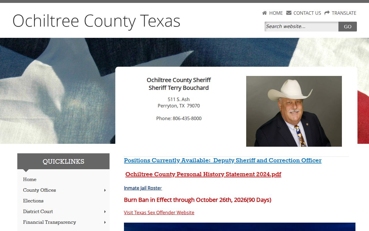 Ochiltree County warrant records, Sheriff office contact page